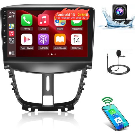[2+64G] Android 13 Autoradio für Peugeot 207 2006–2015 mit kabellosem Carplay und Android Auto, 9-Zoll-Touch-Radio mit WiFi GPS Mirror Link DSP FM/RDS Radio SWC+ AHD Rückfahrkamera (1/5)