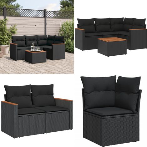 Salon de jardin 5 pcs avec coussins noir résine tressée - Ensemble Salon De Jardin - Mobilier Extérieur - Canapé Jardin - Table Jardin - Chaise Lounge - Home & Living (1/5)