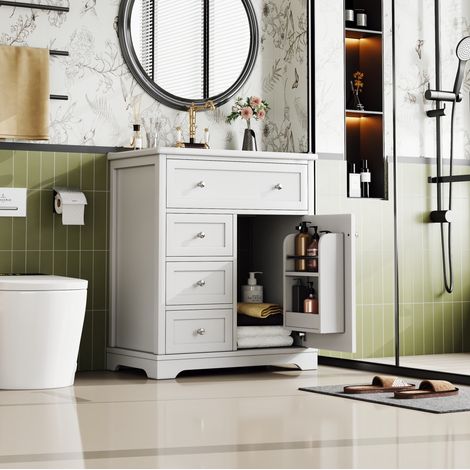 Mobile lavabo 76x46x87 cm in MDF bianco con contenitore salvaspazio bagno – MEUBLIV (1/5)