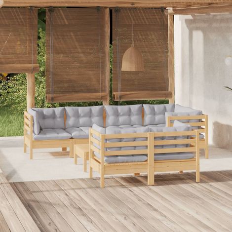 Salon de jardin 8 pcs Ensemble Table et Chaise de Jardin - avec coussins gris Bois de pin massif BV548867 - BonneVie (1/5)