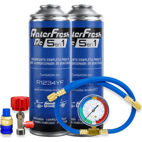 Pack gas refrigerante 2 botellas Ralerfresh RC R1234YF 5en1 500ml con Manómetro RF32, llave y conector rápido