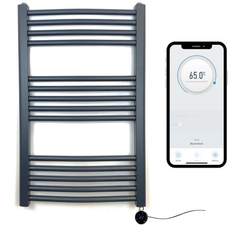 Anthracite Electric Smart WiFi Controlled Heated Towel Rail 500mm W x 800mm H Curved 7 Day Programmable Timer App Compatibility (1/5)