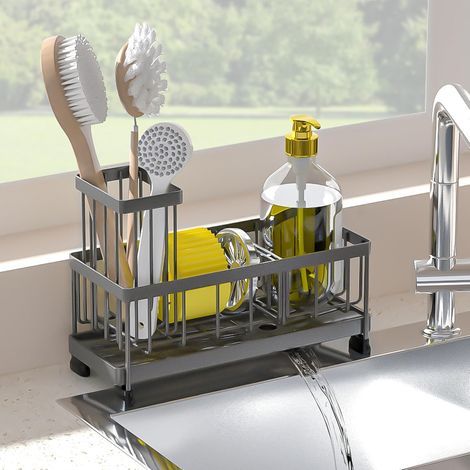 Porte-éponge gris anthracite pour évier de cuisine, organiseur d'évier avec porte-brosse haut, organiseurs de comptoir et rangements essentiels, acier inoxydable 304 antirouille (1/5)