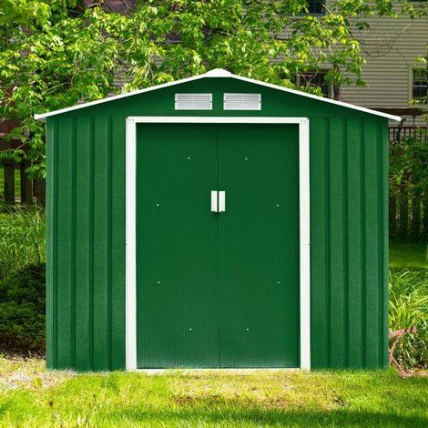 Abri de jardin vert en acier galvanisé avec toit double pente, portes coulissantes et aérations pour jardin, terrasse et extérieur (1/5)