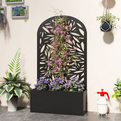 Jardinière avec treillis, bac à fleurs en métal, à fixer au mur ou au sol, 61x23x113cm, noir (1/4)