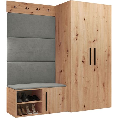 Mobilier1 – Meuble d'entrée Hartford 526 – Chêne artisan – Dimensions 191x164x50cm – Tissu et stratifié – Murale ou à poser