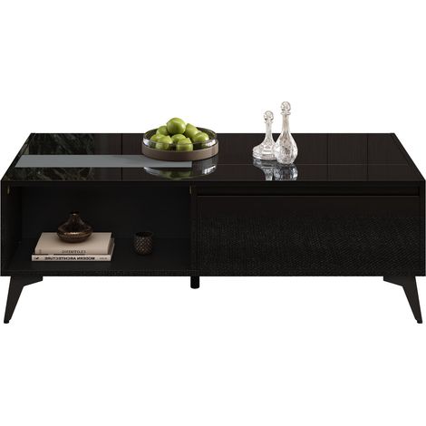 Table basse moderne noire brillante, table d'appoint élégante, multifonctionnelle, table basse réglable en hauteur, table à manger/meuble de salon pliable, 110 x 50 x 48 cm (L x l x H)