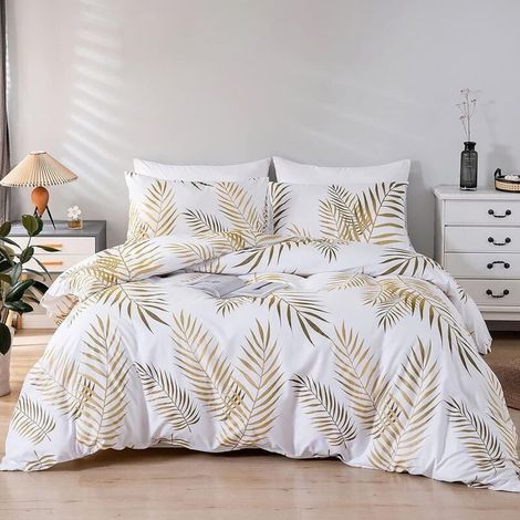 Set Housse de Couette 220x240 cm 2 Personnes et 2 x Taies d'oreiller 50x75 cm 100% Microfibre Parure de Linge de Lit Motif Feuilles Tropicales Dorées Botanique avec Fermeture Éclair, Or Blanc (1/4)