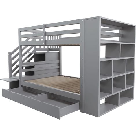 Litera 90 x 200 cm gris con escalera de seguridad, almacenamiento integrado y somier de lamas (1/5)