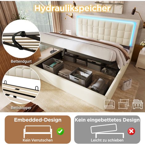 Lit double capitonné blanc avec sommier à lattes intégré, coffre de rangement et éclairage LED, cadre 140x200 cm, revêtement similicuir, matelas fourni (1/5)