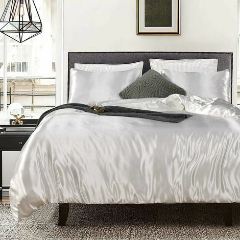 Parure Housse de Couette 220 x 240 cm + 2 Taies d'Oreiller 65 x 65 cm Satin de Soie Blanc Parure de Lit 2 Personnes (1/4)