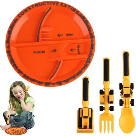 Couvert Enfant Tracteur avec Assiettes, Kit de Couvert pour Enfants, Couverts Bulldozer Enfants, Couverts Créatifs Enfants