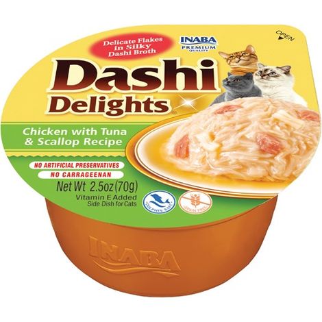 INABA DASHI DELIGHTS - MORCEAUX DANS UN BOUILLON DE FLOCONS DE BONITE AU POULET/THON/PÉTONCLES - 1 X 70G - TOPPING - RICHE EN PR (1/5)