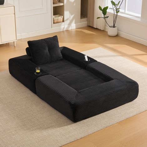 Sofá cama plegable de pana negra 122/198 cm con portavasos, bolsillos laterales y reposabrazos extraíbles (1/5)
