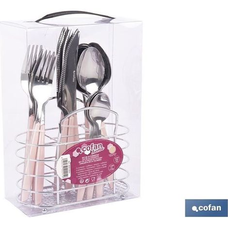Coffret de 24 couverts en acier inoxydable au design fonctionnel rose (panier inclus) (1/4)