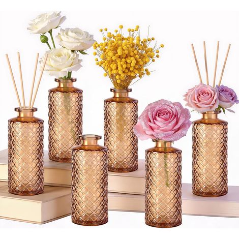 Petit Vase Transparent, Lot de 6 Vase Décoratif Tons Ambrés, Vases Fleur Deco Table en Verre 13 x 5 x 5 cm, pour Pampa Mariage Decoration, Deco Mariage Champêtre, Centre de Table (1/5)
