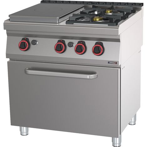 Fourneau mixte professionnel - 2 feux gaz - Plaque coup de feu - Four gaz GN 1/1 - 80cm - Casselin