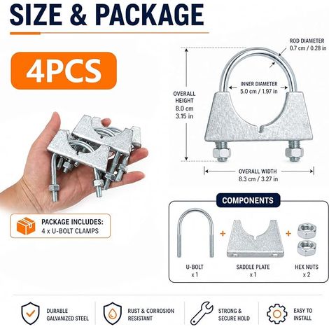 50 mm Exhaust Clamp, 50 mm Galvanised Steel Exhaust Clamp with Bolt and Plate, Car Exhaust Clamp, Length 83 mm Width 80 mm for Exhaust Pipes (1/4)