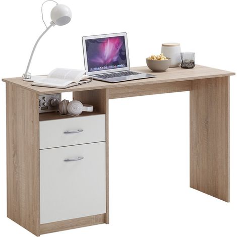 Bureau 1 porte et 1 tiroir 123x50x76,5 cm chêne et blanc (1/5)