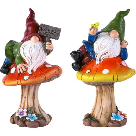 Nain de Jardin Drôle Ensemble de 2 Figurines de Jardin Nain de Allongé sur Les Champignons en Résine Synthétique avec Signe de Bienvenue Nain de Jardin Statue de Décoration