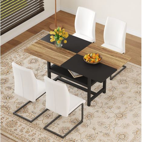 Conjunto de mesa de comedor rectangular con estante, 160x90x76 cm, 4 sillas, MDF y metal, blanco y madera (1/5)