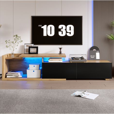 Mueble para TV de madera de ingeniería color natural, 133,5x40x45 cm, diseño modular 2 en 1 con LED y 2 cajones (1/5)