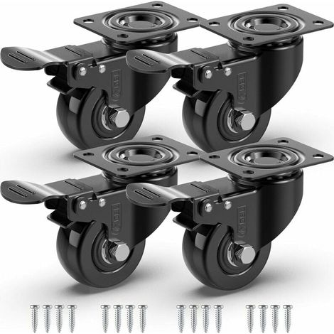 4 Lenkrollen für Möbel mit Bremse + Schrauben – 50 mm, bis zu 200 kg – keine Spuren auf dem Boden, Schwerlastrollen – Gummirad für Trolley – Schwarz (1/5)