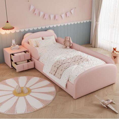 Letto bambino 90x200 cm con comodino e testiera a forma di orsetto, in similpelle, rosa, senza materasso (1/5)
