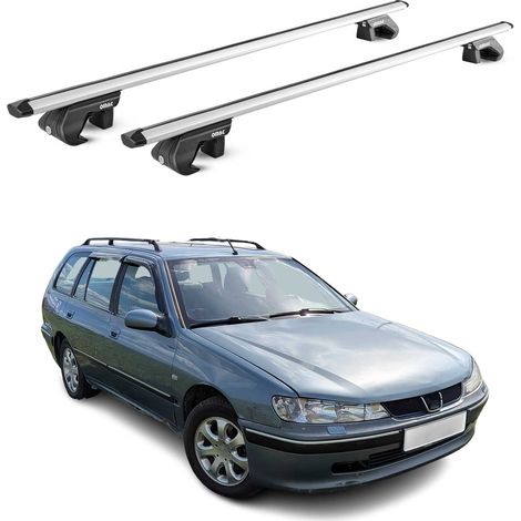 OMAC Dachträger Aluminium TÜV geprüft für Peugeot 406 Kombi 1995-2004 – Für Standard Dachreling – T Nut – Max 90 kg – 2 Schlösser Silber (1/5)