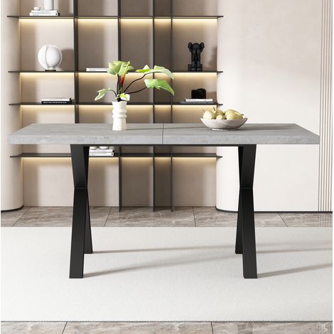 Table à manger rectangulaire 140×80×76 cm – piètement croisé métal, plateau MDF finition chêne, style industriel, gris et noir (1/5)