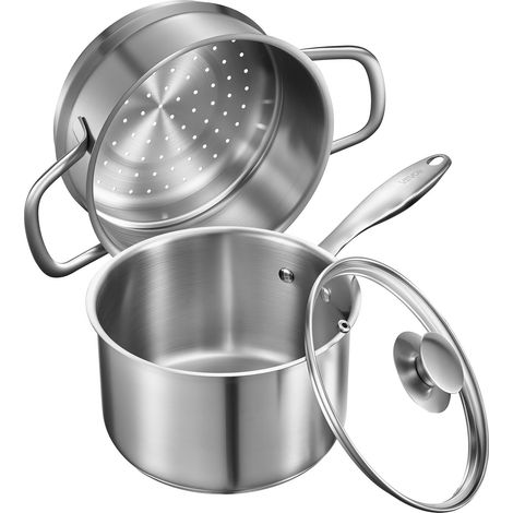Casserole en Acier Inoxydable 2,4 L avec Panier Vapeur, Poêlon avec Couvercle en Verre et Poignée Ergonomique, Antiadhésif, Lavable au Lave-vaisselle, Compatible avec Four et Plaque à Induction (1/5)