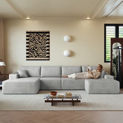 Canapé d'angle 340 cm en mousse sans os avec méridienne en L, canapé modulable moderne à assise profonde, livré monté, canapé compressible pour salon, chambre, appartement, gris (1/5)