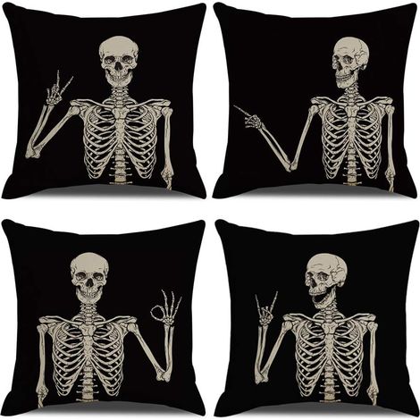Lntyq Skelett Kissenbezüge 18x18, Schwarzer Totenkopf Outdoor Kissenbezug, 4er Set dekorative Kissenbezüge, Gothic Kissenbezug für Schlafsofa, Autostuhl, Wohnzimmer (1/5)