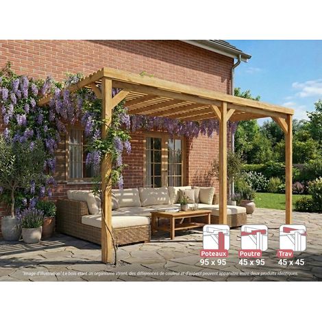 Pergola adossée en bois Montpellier 510 x 300 cm + 3 supports surélevés - Maderland