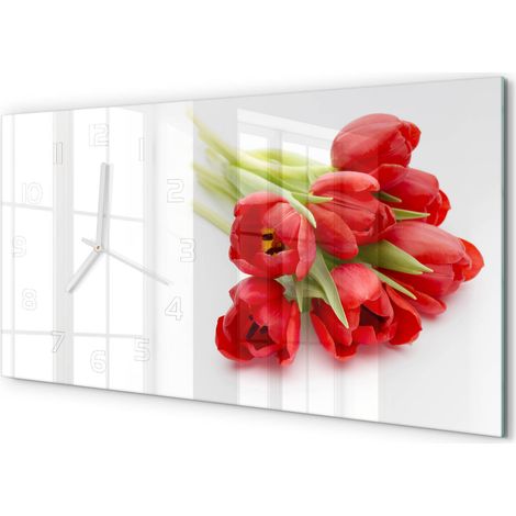 Horloge Murale Panoramique en Verre 60x30 cm Décorative Moderne Salon Cuisine Tulipes rouges (1/5)