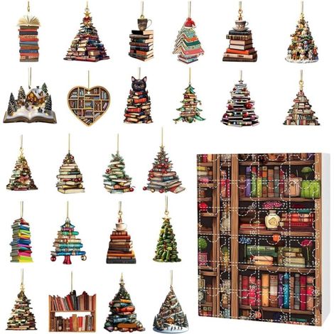 Calendriers de l'Avent décoratifs avec livres de Noël Pendentif étagère 2D en forme de sapin de Noël plat, compte à rebours du calendrier de Noël 2024 Ornement de Noël à suspendre avec des livres em (1/5)