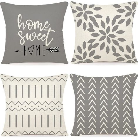 Lot de 4 taies d'oreiller décoratives en lin, 50x50 cm, gris, housses de coussin élégantes pour canapé et chambre (1/5)