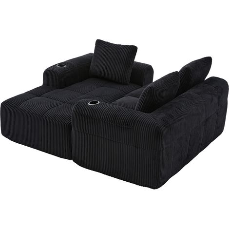 Canapé modulable compact en cord noir, avec poches latérales, porte-gobelets et 3 coussins, idéal petits espaces, salon ou bureau, usage quotidien - CHICFURN (1/5)