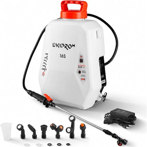 Dnipro-M Pulverizador Eléctrico a Batería 16L – Motor Brushless, Presión 1,5–4 Bar, Boquilla Ajustable 0°–120°, Lanza 100 cm, 2 Velocidades – Uso Profesional Jardín y Agricultura – 16S