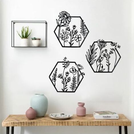 Metall-Wanddeko, Metallblumen-Wanddekoration, 3-teiliges schwarzes Metall-Wandbild, minimalistische Linienblumen-Wanddeko für Schlafzimmer, Wohnzimmer, Büro, Wanddekoration (1/5)
