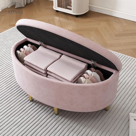 Banquette Rembourrée avec Rangement - Velours, Pieds Métal, 90x40x42cm, Rose