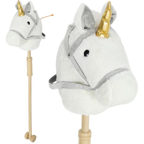 Tête de cheval avec bâton, avec roues, en bois, blanc, 95 cm, pour maison et usage quotidien, format pratique, style facile à associer