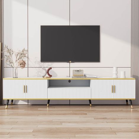 Modernes weißes TV-Möbel 200 x 40 x 46 cm, TV Lowboard mit 4 Türen, 1 Schublade und offenen Staufächern, Wohnzimmermöbel