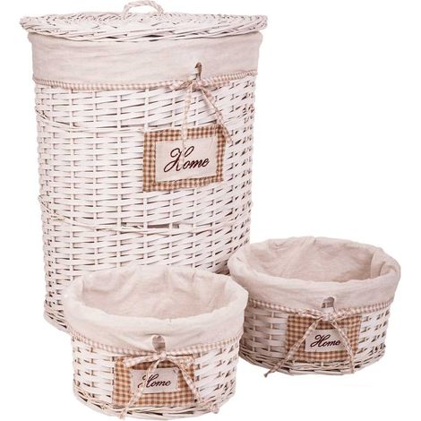 Set cesto de ropa y dos cestos de mimbre forrados blancos (1/5)