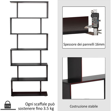Étagère murale design noire, 6 niveaux décalés en bois robuste, structure zigzag moderne pour salon ou bureau, 80x24x191 cm (1/5)