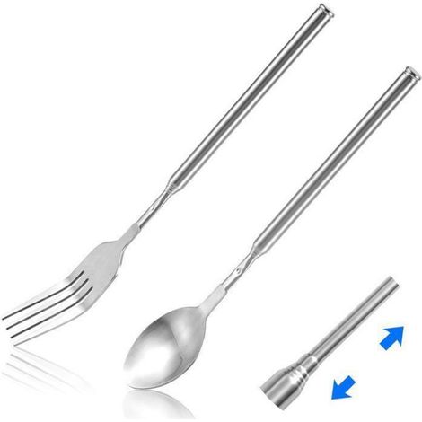Fourchette Et Cuillère Télescopiques - Acier Inoxydable - Pour Pique-nique Camping Voyage - Lot De 2 (1/4)