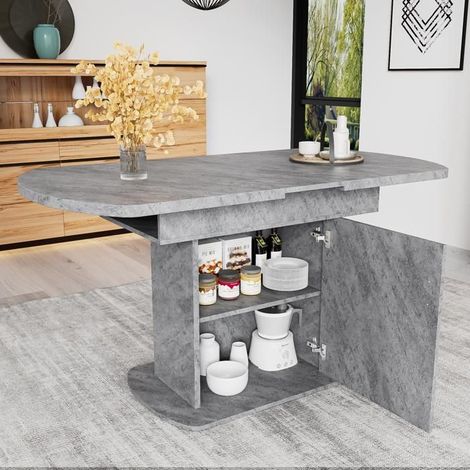 Table salle à manger - SOGEU - 110/130x70 - Extensible - Aspect béton - Rangement intégré - Ovale (1/5)