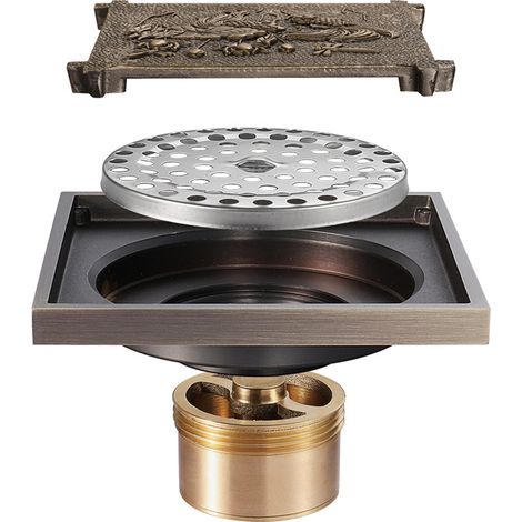 Drain de sol de salle de bain en bronze – Drain de sol de douche carré antique unique – Drain de sol de jardin en lotus sculpté 100 × 100 mm (1/5)