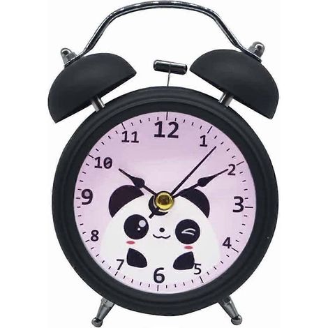 Horloge de bureau silencieuse vintage à double cloche pour enfants, avec un adorable panda en dessin animé (noire) (1/5)