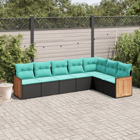 7-teiliges Gartensofa-Set mit Kissen, schwarzes Polyrattan